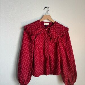 Red Patterned Blouse with Collar